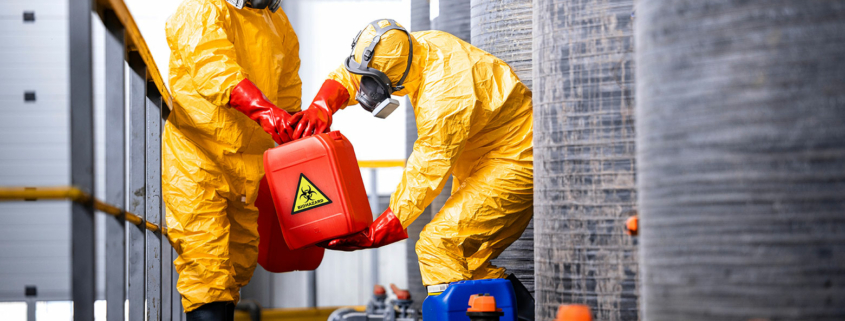 Workers handling hazardous chemicals at their workplace.