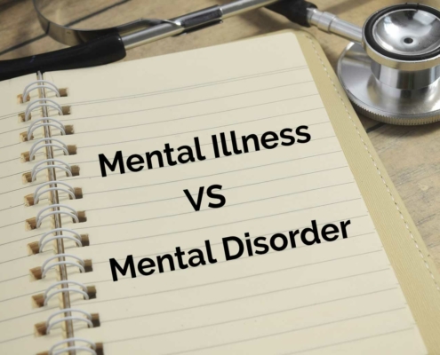 A notebook displaying the words Mental Illness vs. Mental Disorder.