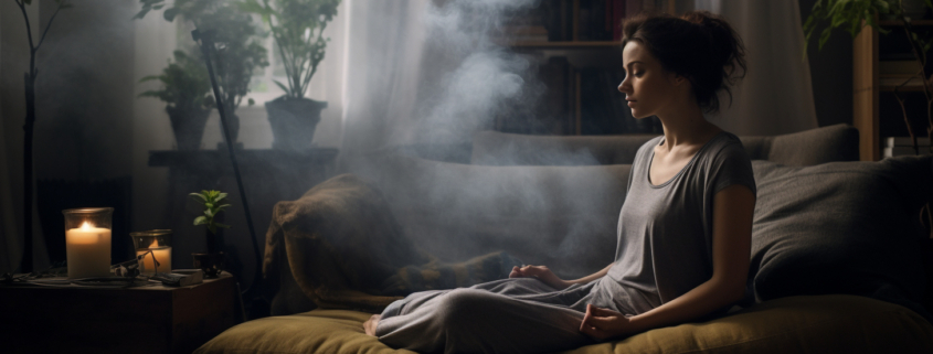 A meditating woman using her grounding techniques for anxiety.