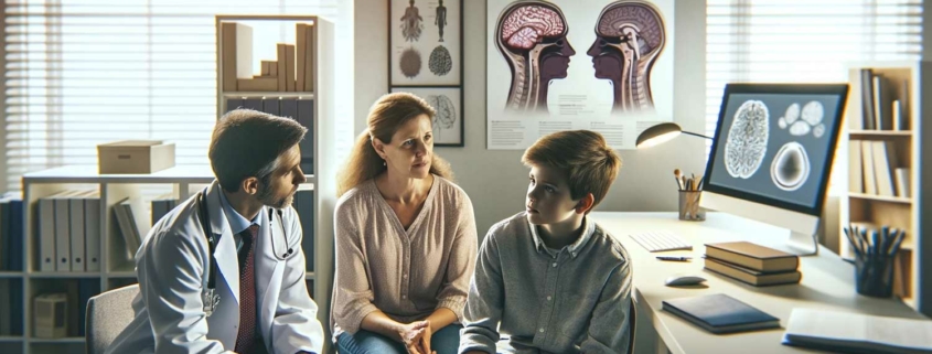 A mother and son talking to a doctor about an ADHD and depression diagnosis.